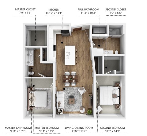 Floor plan for 2 beds, 2 baths, 1085 sqft
